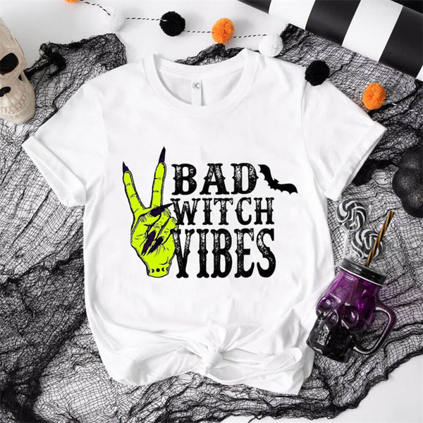 Bad Witch Vibes Round Neck Short Sleeve T-shirt | Gthic.com