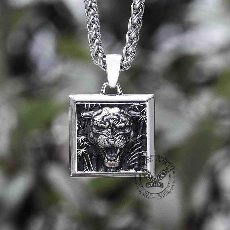 Bamboo Tiger Stainless Steel Square Pendant