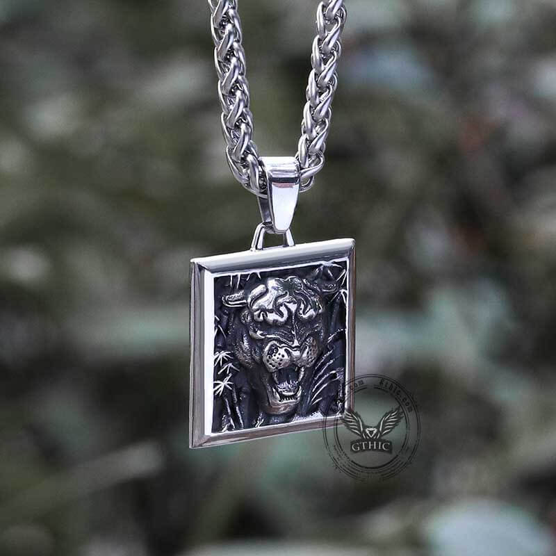 Bamboo Tiger Stainless Steel Square Pendant | Gthic.com