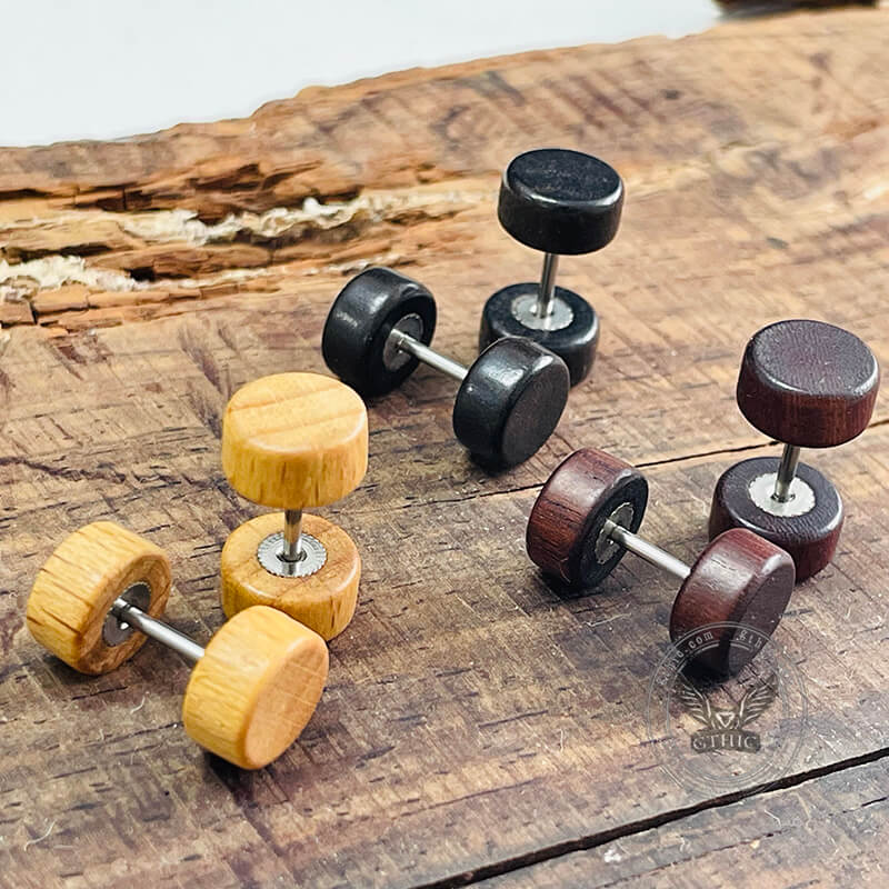 Barbell Natural Wood Studs Earrings