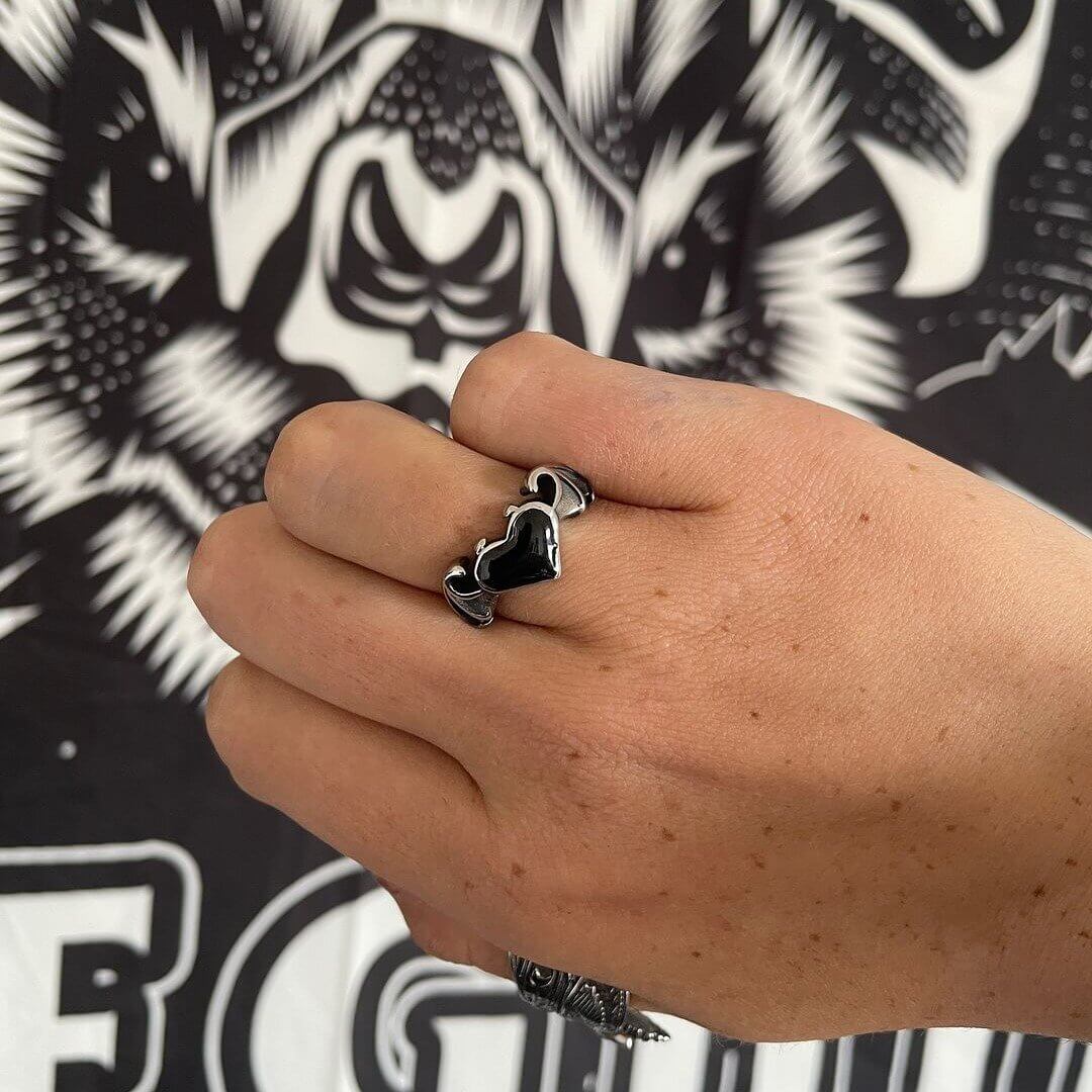 Bat And Heart Stainless Steel Gothic Ring