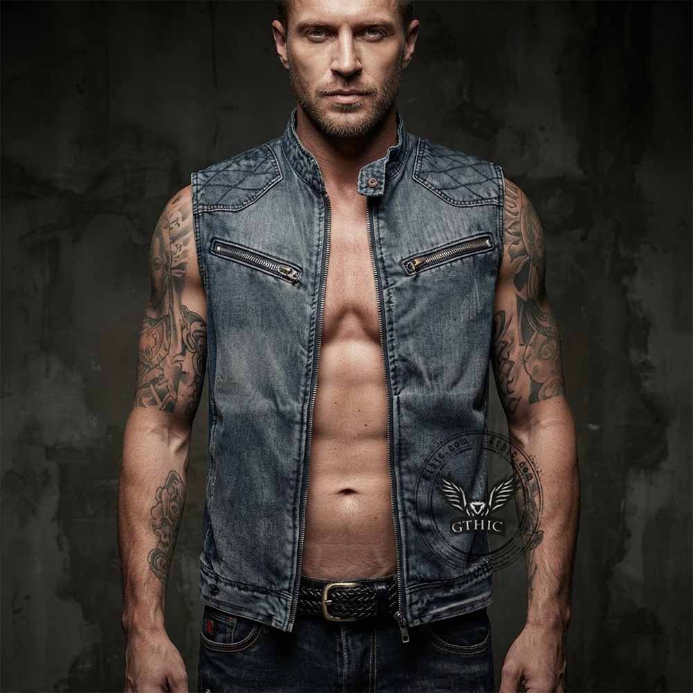 Biker Stand Collar Zipper Cotton Denim Vest | Gthic.com