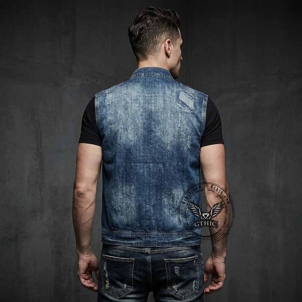 Biker Stand Collar Zipper Cotton Denim Vest | Gthic.com