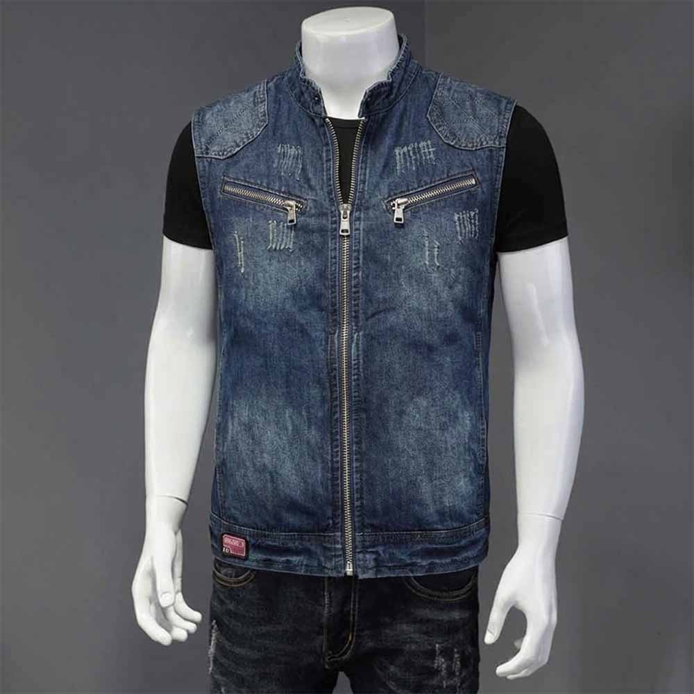 Biker Stand Collar Zipper Cotton Denim Vest | Gthic.com