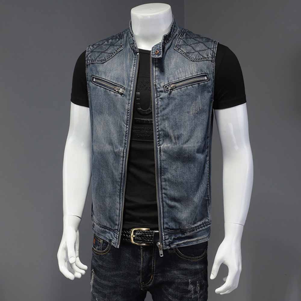 Biker Stand Collar Zipper Cotton Denim Vest | Gthic.com