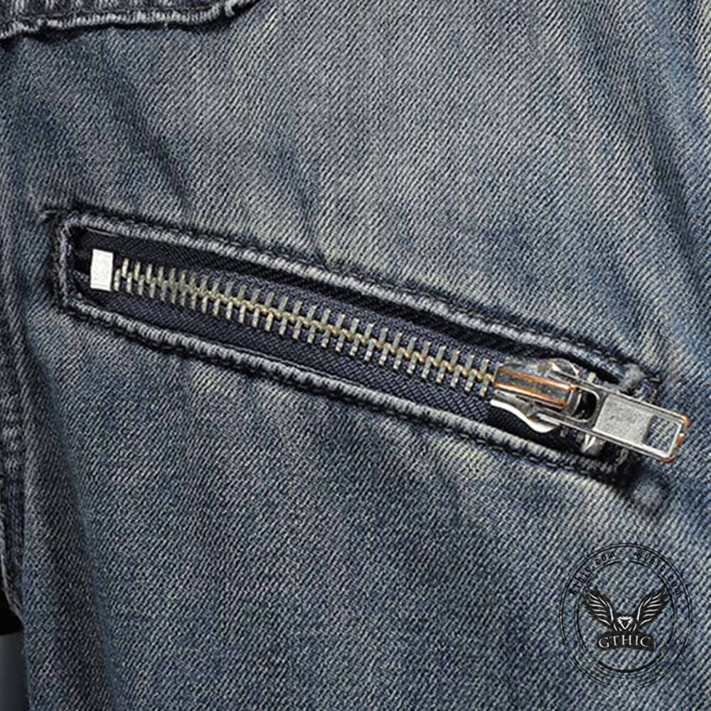 Biker Stand Collar Zipper Cotton Denim Vest
