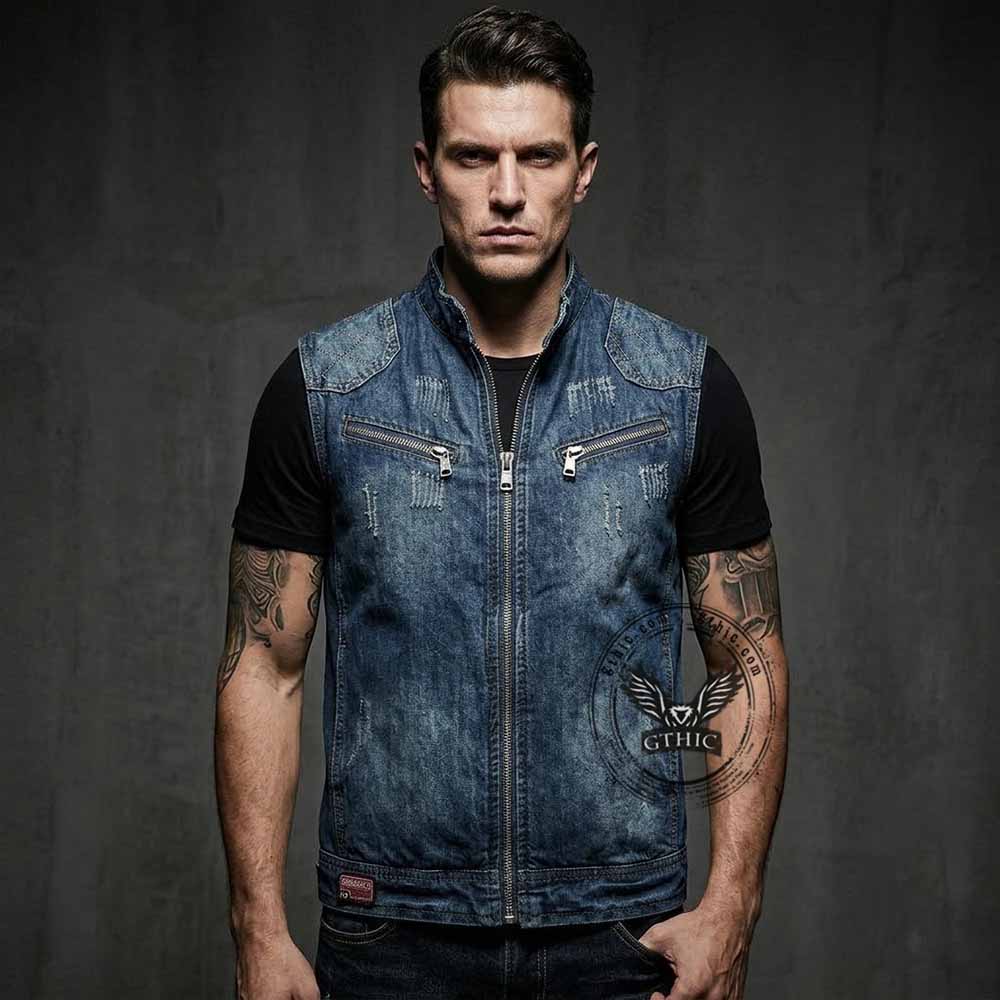 Biker Stand Collar Zipper Cotton Denim Vest | Gthic.com