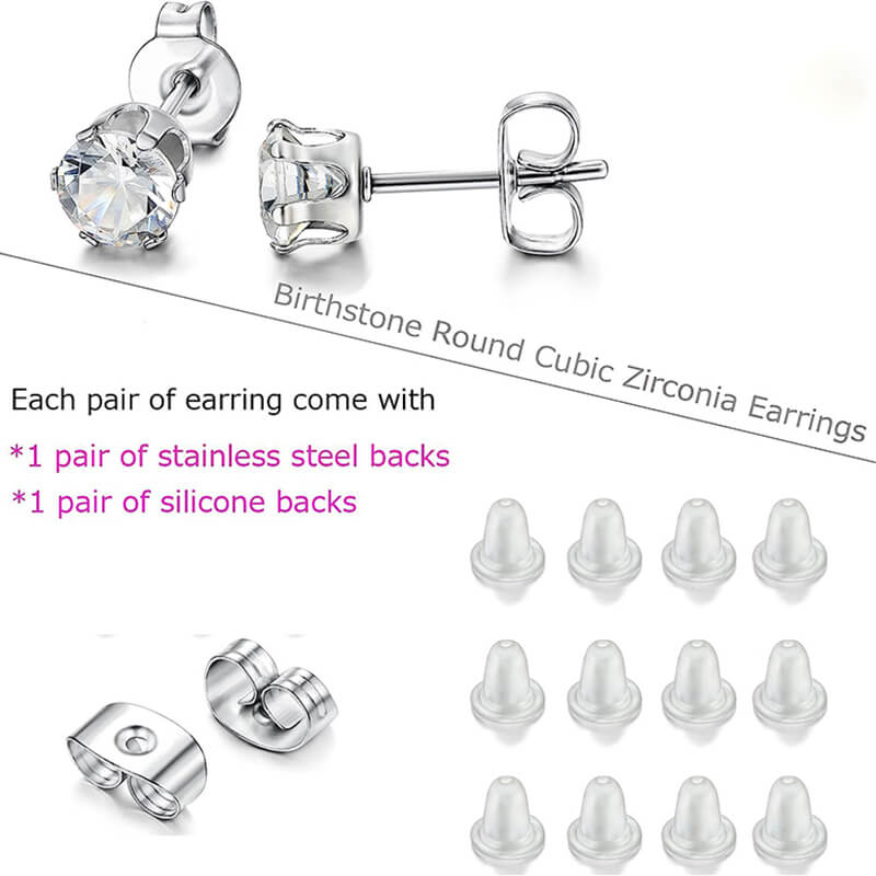 Birthstone Zirconia Stainless Steel Stud Earrings