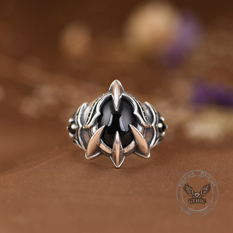 Black Agate Dragon Claw Sterling Silver Open Ring | Gthic.com