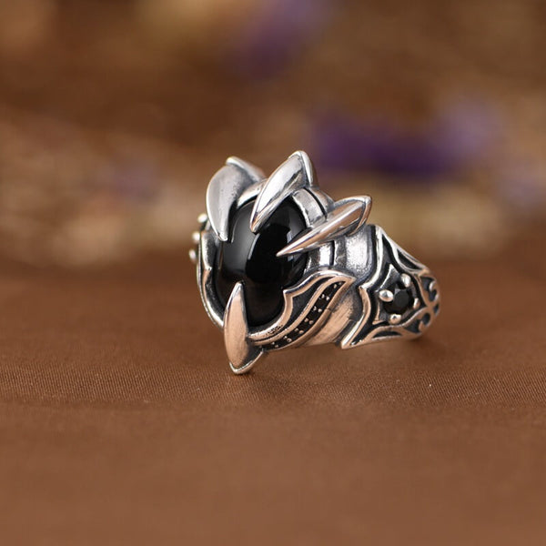 Black Agate Dragon Claw Sterling Silver Open Ring | Gthic.com