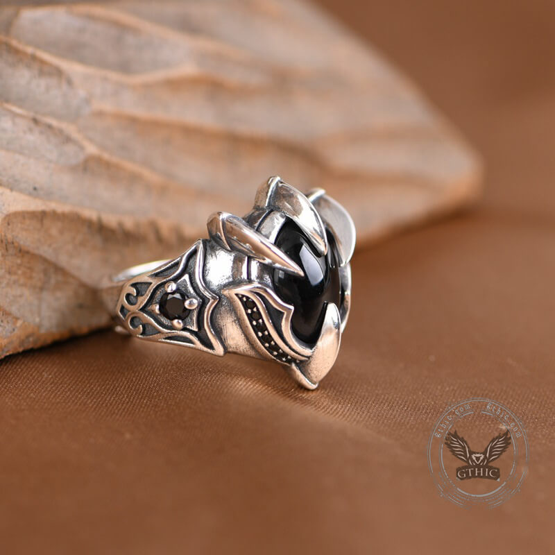 Black Agate Dragon Claw Sterling Silver Open Ring | Gthic.com