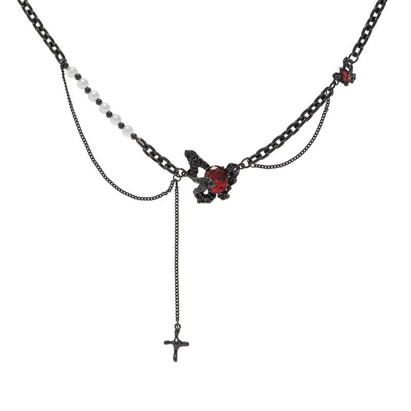 Black Butterfly Chain Spliced Pearl Necklace | Gthic.com