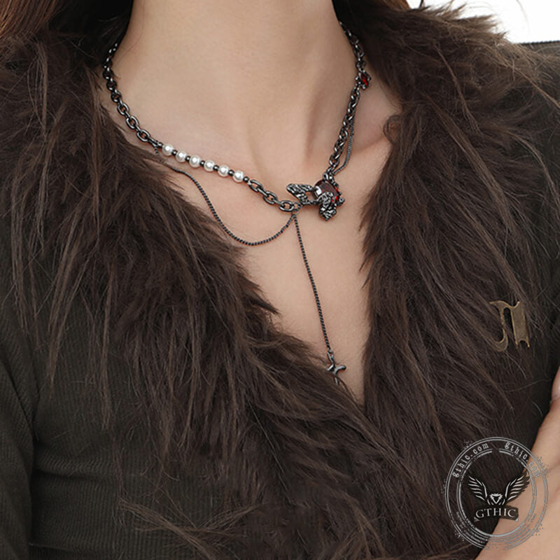 Black Butterfly Chain Spliced Pearl Necklace | Gthic.com