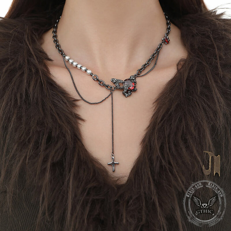 Black Butterfly Chain Spliced Pearl Necklace | Gthic.com