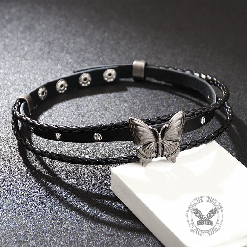 Black Butterfly Design Alloy Leather Choker Necklace | Gthic.com