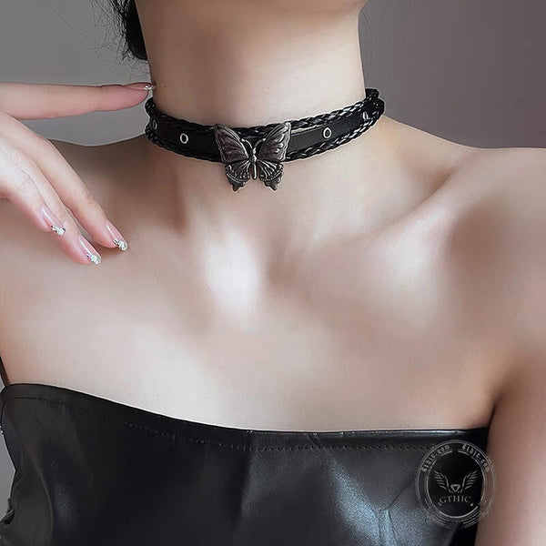 Black Butterfly Design Alloy Leather Choker Necklace