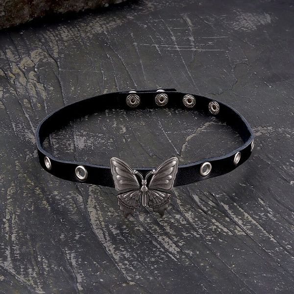 Black Butterfly Design Alloy Leather Choker Necklace | Gthic.com