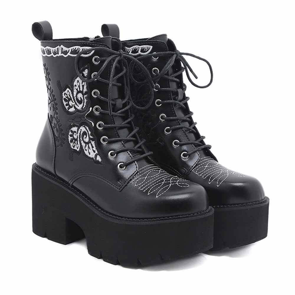 Black Butterfly Embroidered Block Heel Martin Boots | Gthic.com