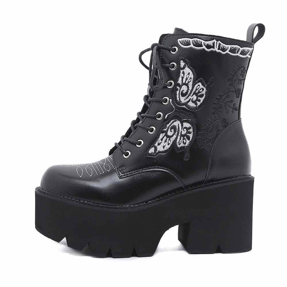 Black Butterfly Embroidered Block Heel Martin Boots | Gthic.com