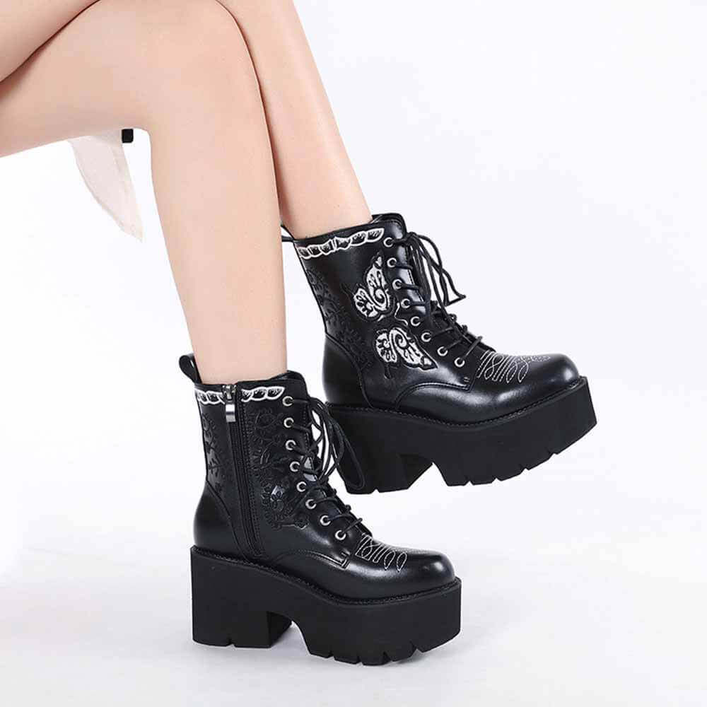 Black Butterfly Embroidered Block Heel Martin Boots | Gthic.com