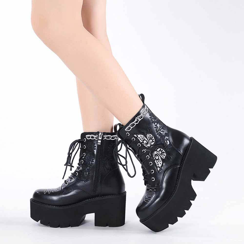 Black Butterfly Embroidered Block Heel Martin Boots | Gthic.com