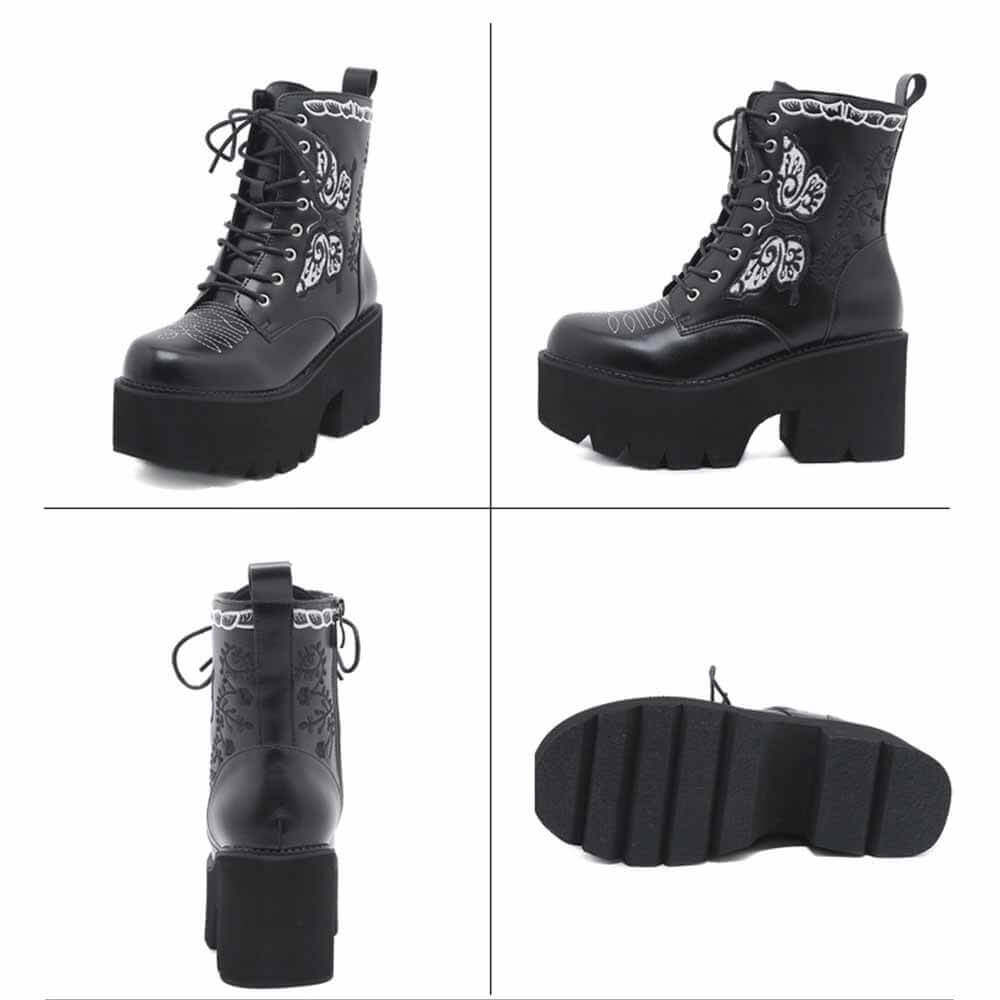 Black Butterfly Embroidered Block Heel Martin Boots | Gthic.com