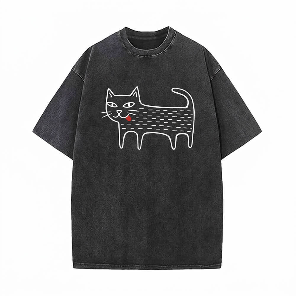 Black Cat Blep Graphic Vintage Washed Cotton T-shirt | Gthic.com