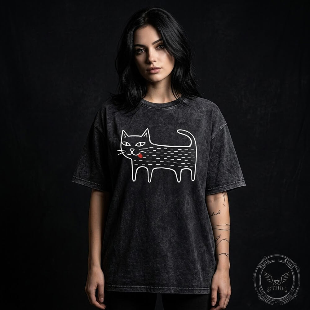 Black Cat Blep Graphic Vintage Washed Cotton T-shirt | Gthic.com