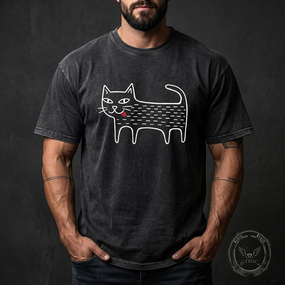 Black Cat Blep Graphic Vintage Washed Cotton T-shirt | Gthic.com