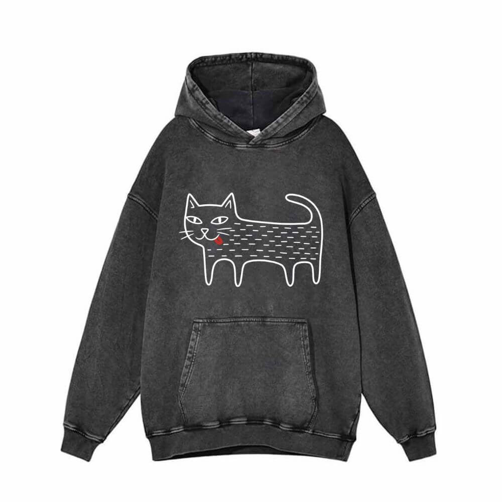 Black Cat Blep Graphic Vintage Washed Hoodie | Gthic.com