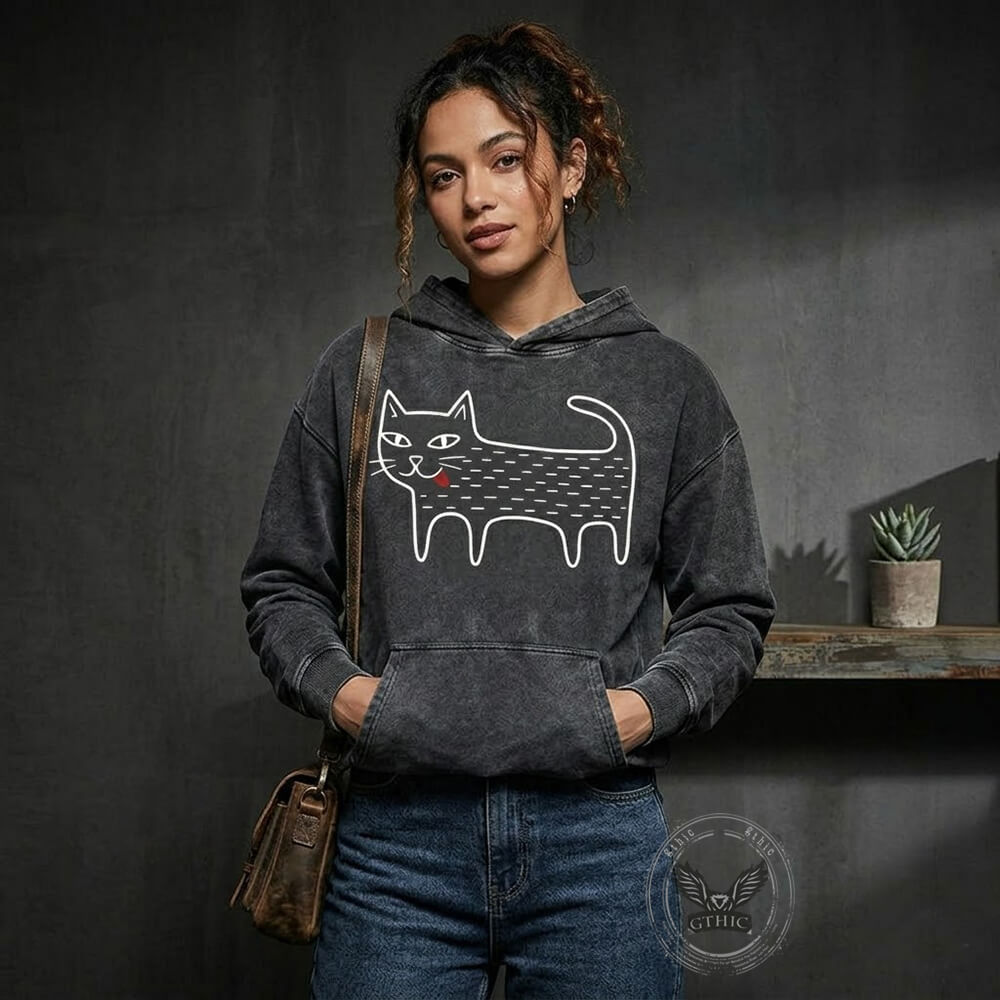 Black Cat Blep Graphic Vintage Washed Hoodie | Gthic.com