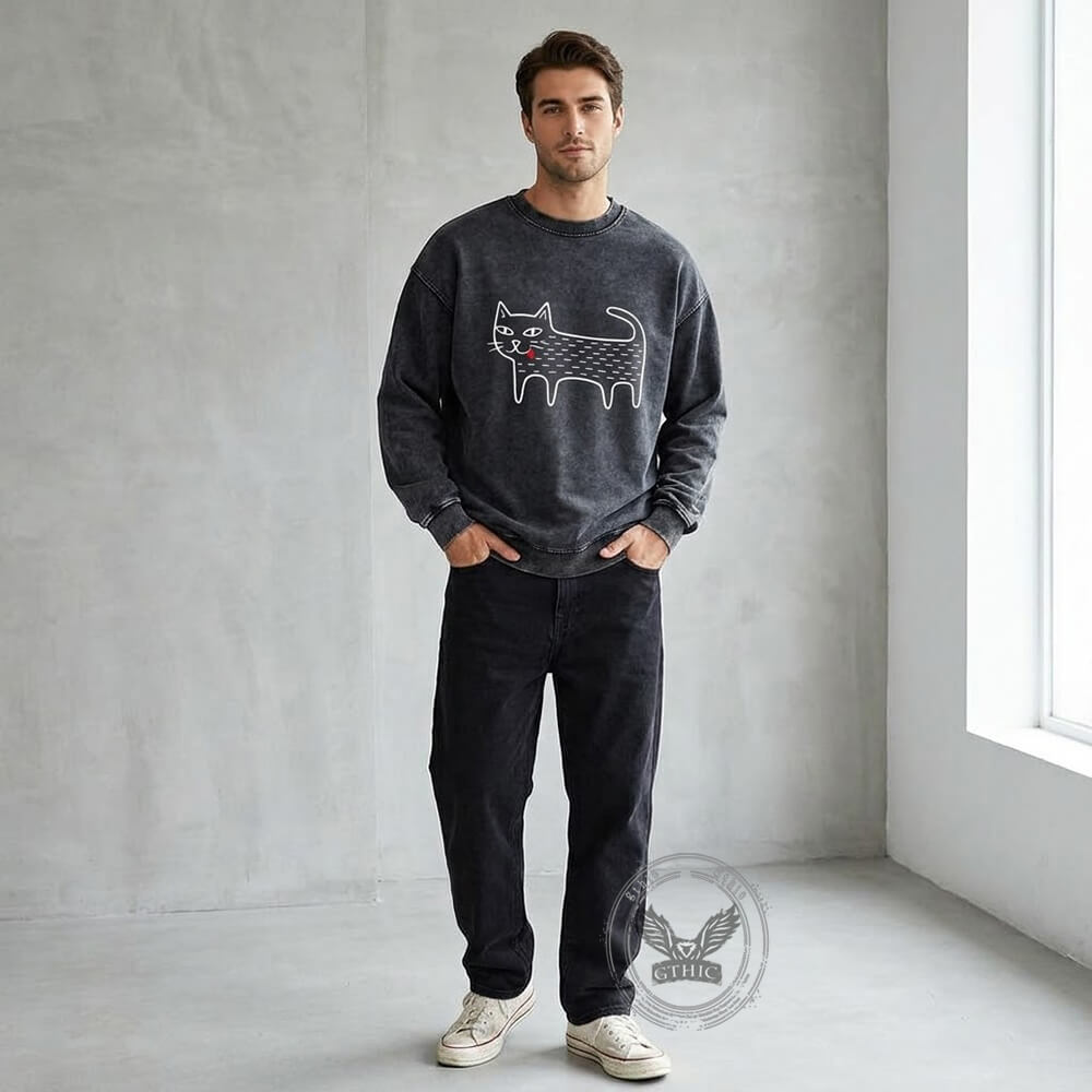 Black Cat Blep Graphic Vintage Washed Sweatshirt | Gthic.com