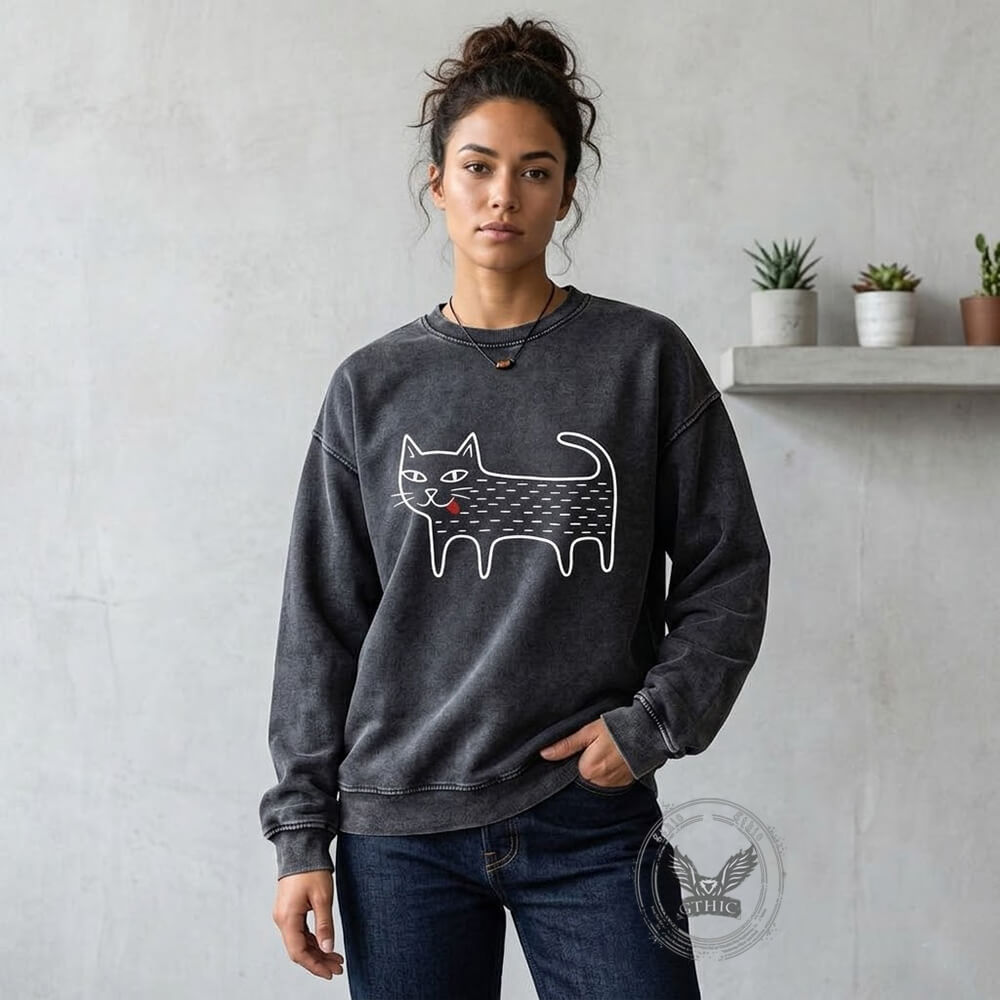 Black Cat Blep Graphic Vintage Washed Sweatshirt | Gthic.com