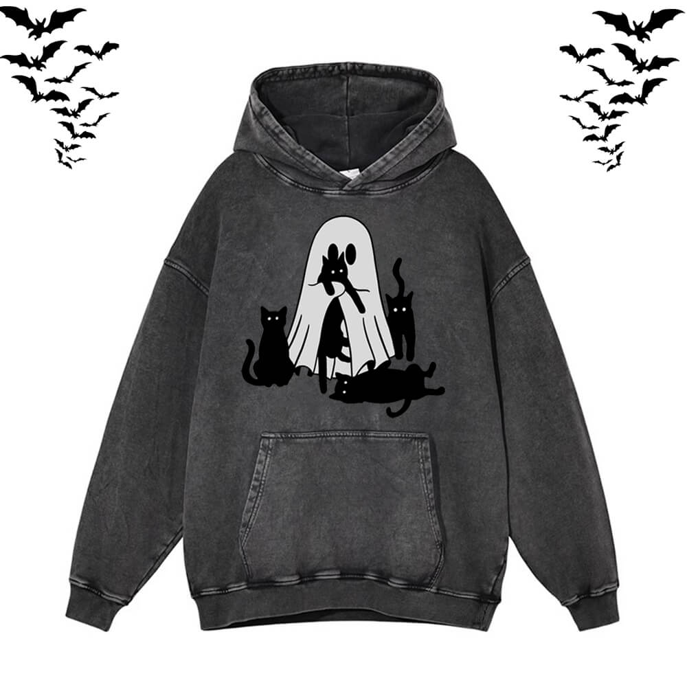Black Cat Ghouls Vintage Washed Hoodie Sweatshirt | Gthic.com