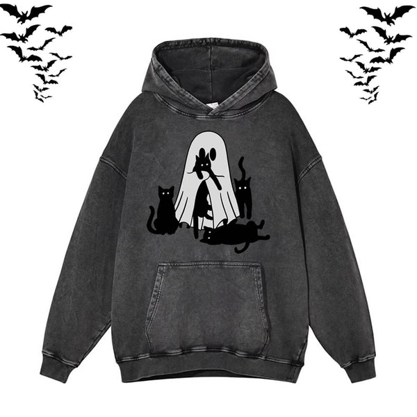 Black Cat Ghouls Vintage Washed Hoodie Sweatshirt | Gthic.com