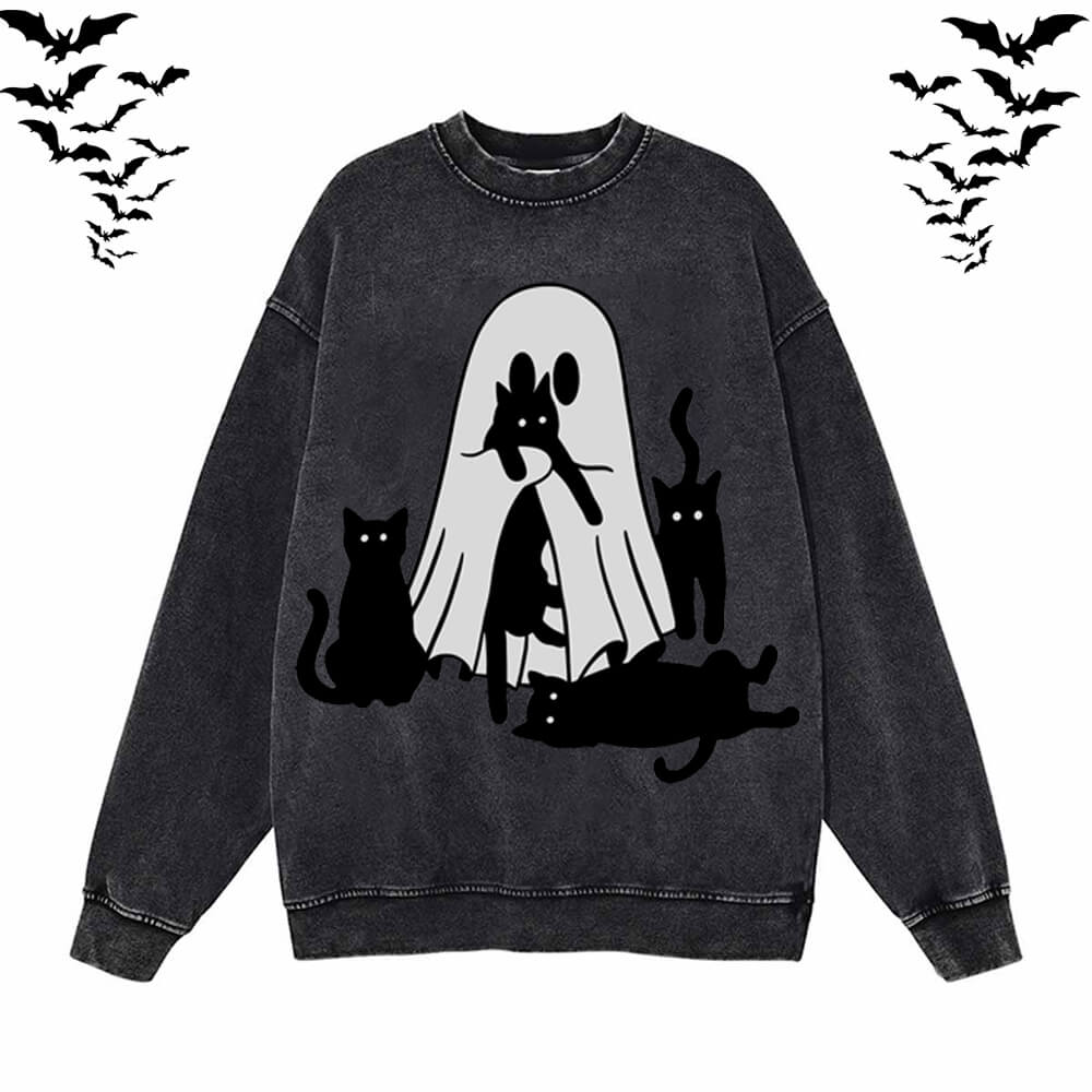 Black Cat Ghouls Vintage Washed Hoodie Sweatshirt | Gthic.com