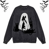 Black Cat Ghouls Vintage Washed Hoodie Sweatshirt | Gthic.com