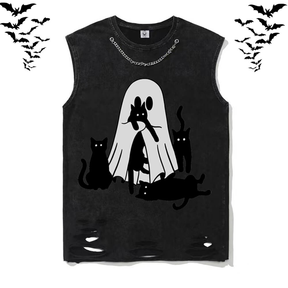 Black Cat Ghouls Vintage Washed T-shirt Vest Top | Gthic.com