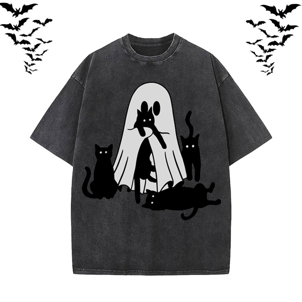 Black Cat Ghouls Vintage Washed T-shirt Vest Top | Gthic.com