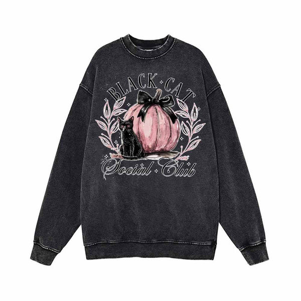 Black Cat Pink Pumpkin Club Vintage Washed Hoodie Sweatshirt | Gthic.com