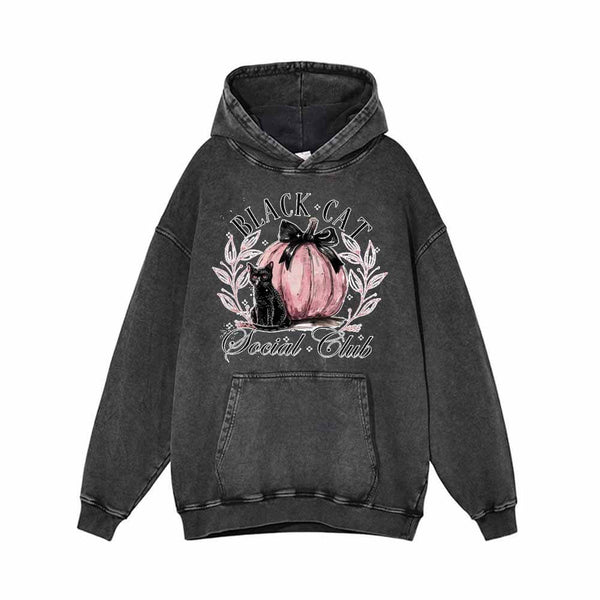 Black Cat Pink Pumpkin Club Vintage Washed Hoodie Sweatshirt | Gthic.com