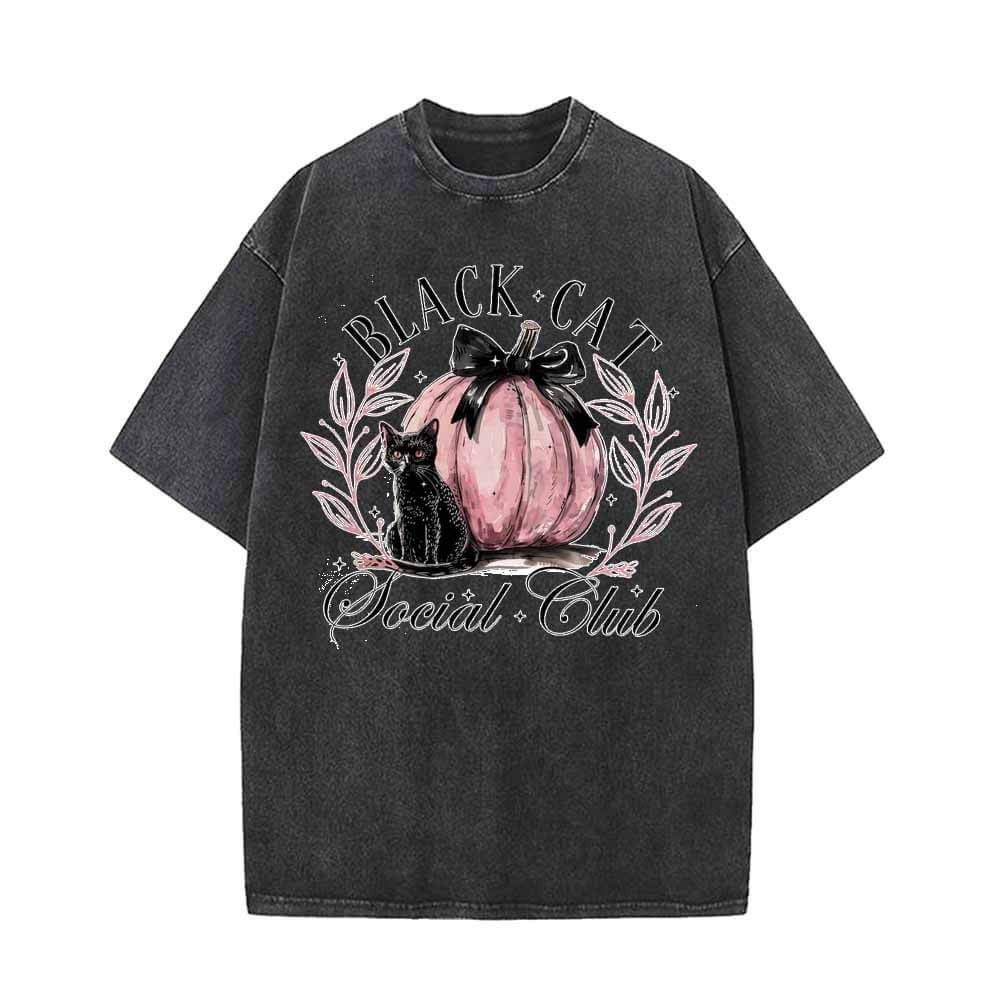 Black Cat Pink Pumpkin Club Vintage Washed T-shirt