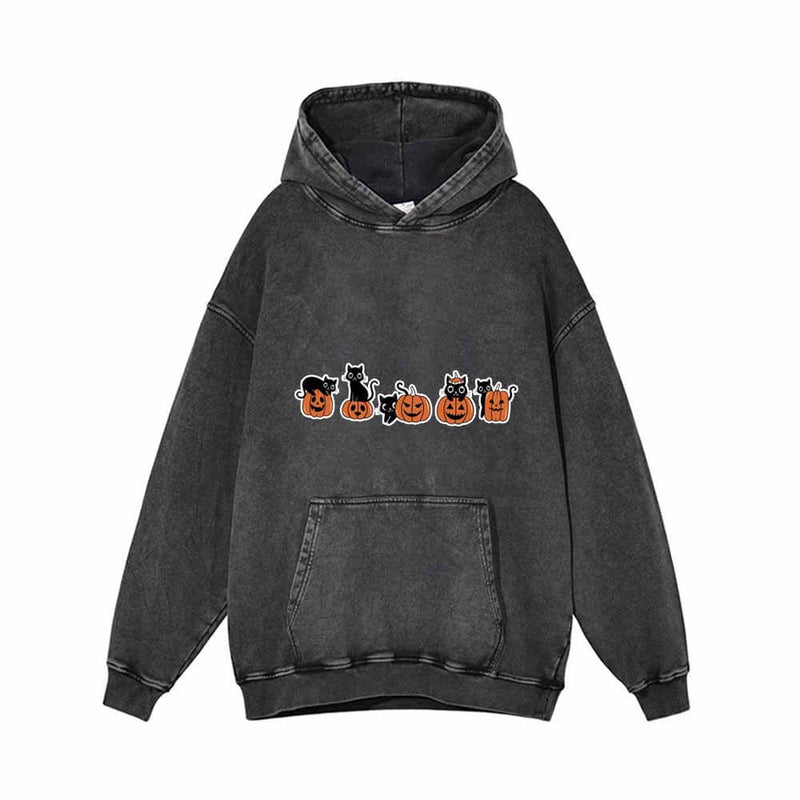 Black Cat Pumpkin Head Vintage Washed Hoodie 01 | Gthic.com