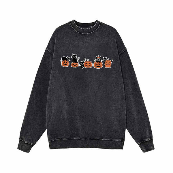 Black Cat Pumpkin Head Vintage Washed Sweatshirt 01 | Gthic.com