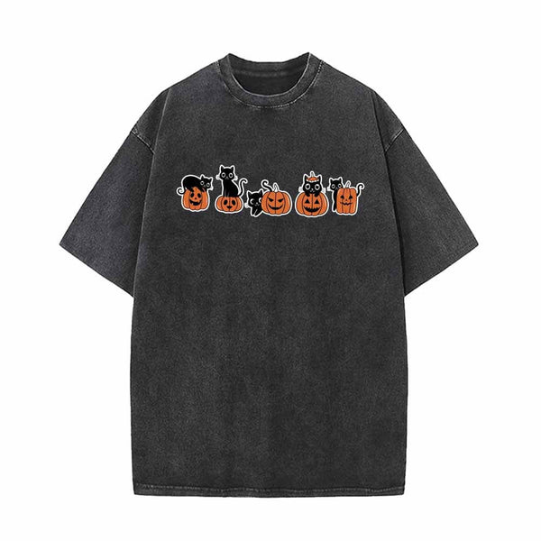 Black Cat Pumpkin Head Vintage Washed T-shirt 01 | Gthic.com