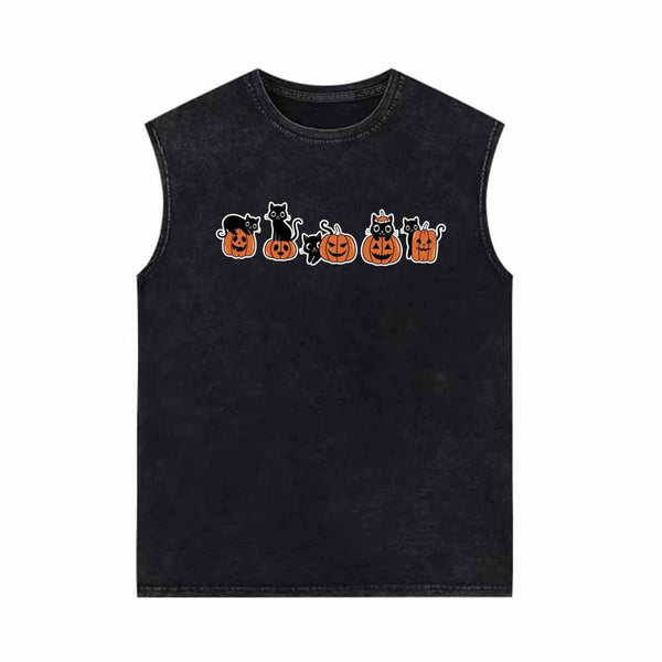 Black Cat Pumpkin Head Vintage Washed Vest Top 01 | Gthic.com