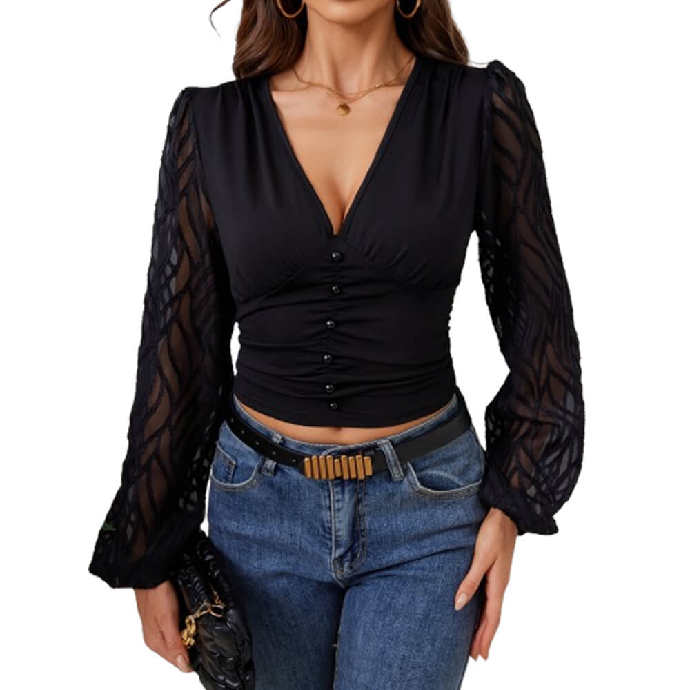 Black Chiffon Lantern Sleeve Pleated V-Neck Top 03 | Gthic.com