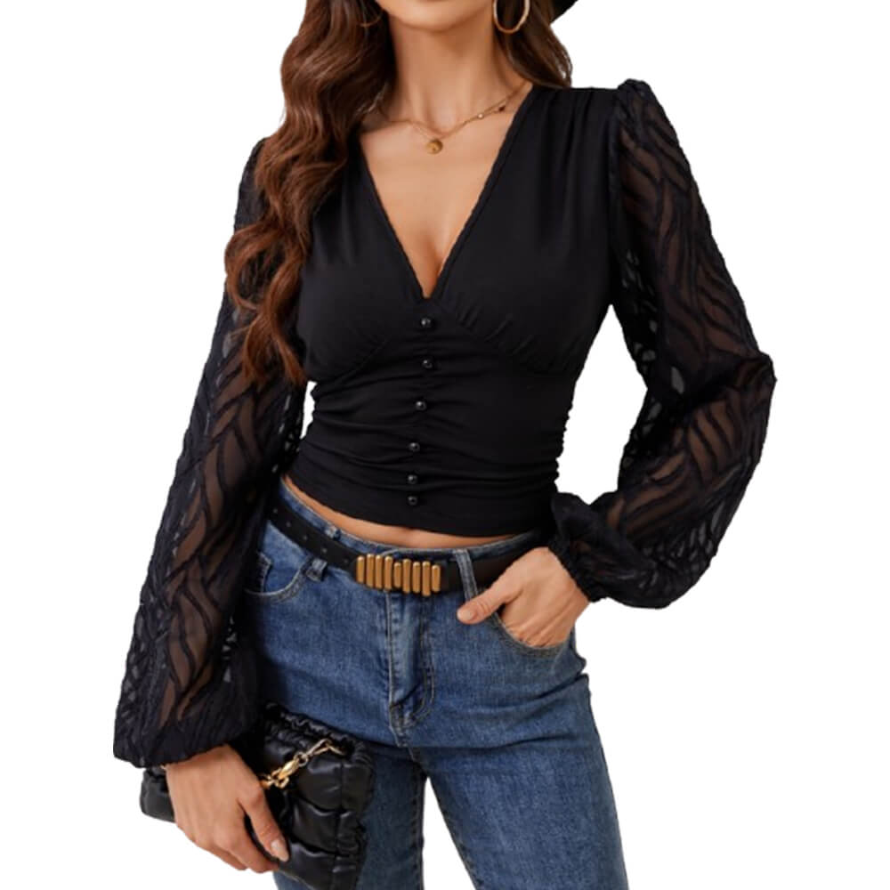 Black Chiffon Lantern Sleeve Pleated V-Neck Top 01 | Gthic.com