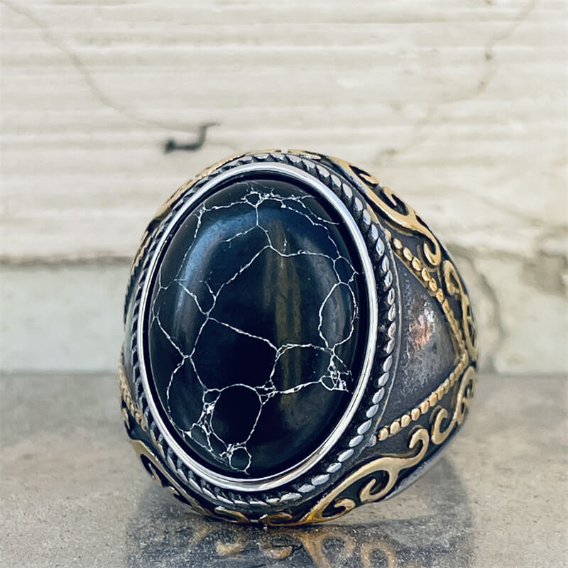 Black Crack Turquoise Patterned Stainless Steel Ring 01 | Gthic.com