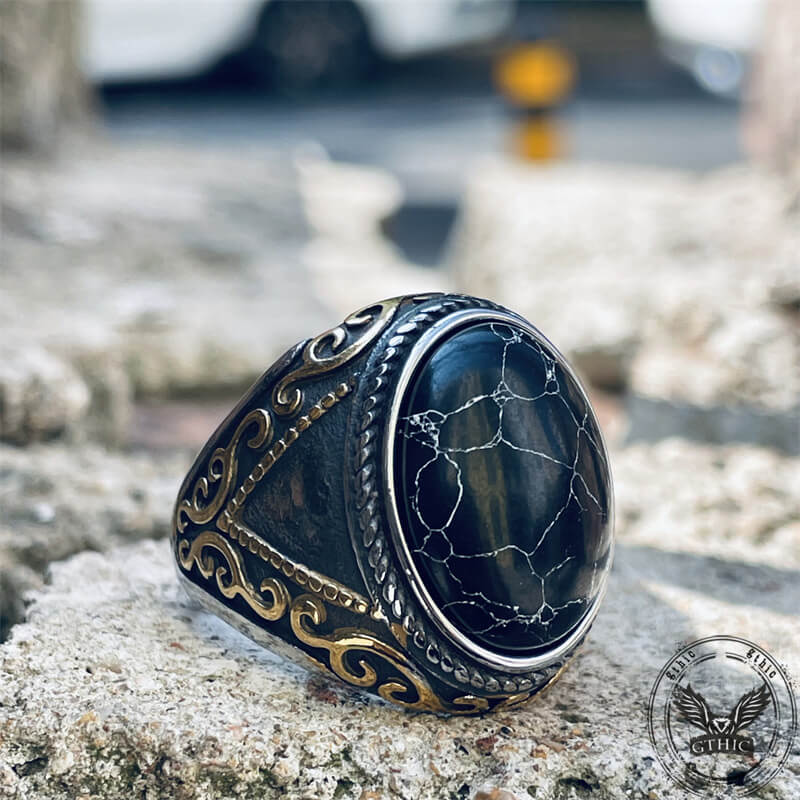 Black Crack Turquoise Patterned Stainless Steel Ring 02 | Gthic.com